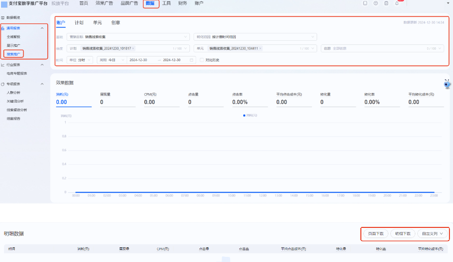 支付宝广告推广数据——通用报表（搜索推广）