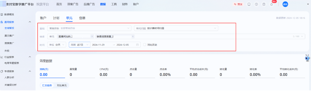 支持查看支付宝广告账户汇总效果数据及明细数据