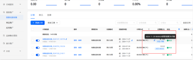 已经设置了次日预算的支付宝广告推广计划,会在下方显示设置的结果 已经设置了次日预算的支付宝广告推广计划,会在下方显示设置的结果