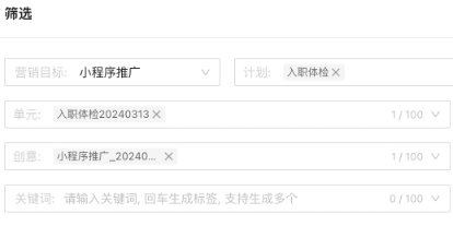 支持按支付宝广告营销目标、创意、单元、关键词、匹配方式来进行筛选后查看