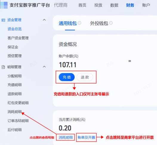 展示当前支付宝广告账户的余额、消耗数据
