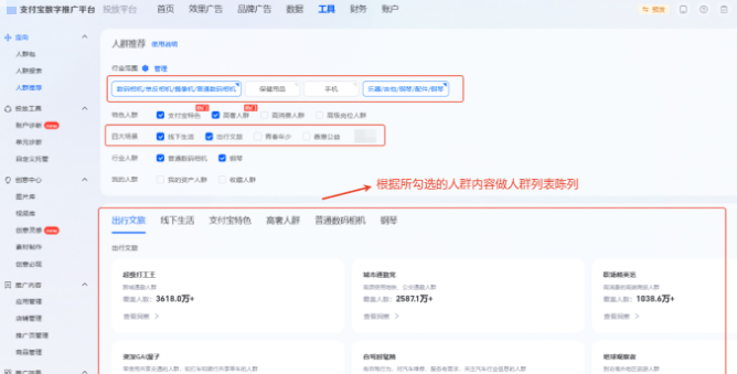 根据所勾选的人群内容做支付宝广告人群列表陈列 根据所勾选的人群内容做支付宝广告人群列表陈列