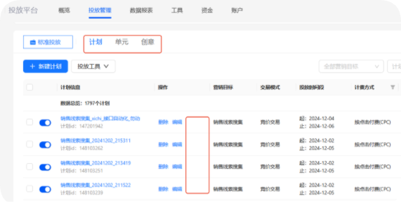 支付宝广告投放创编列表页--(计划-单元-创意）操作栏
