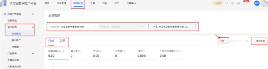 支付宝广告推广后台——数据报表——通用报表