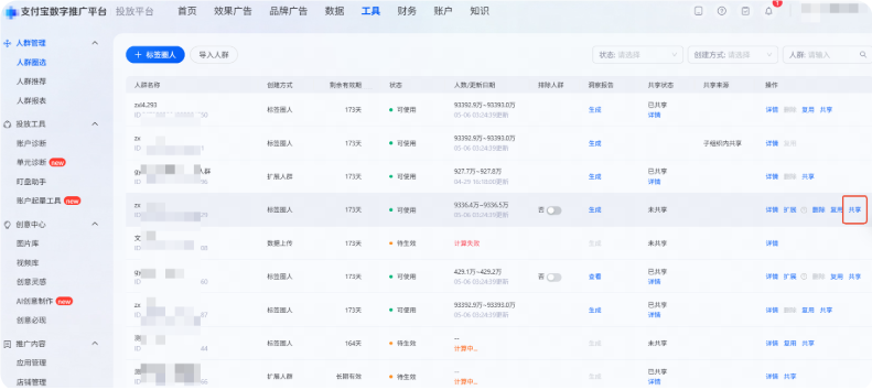 进入支付宝广告推广后台点击共享按钮 进入支付宝广告推广后台点击共享按钮